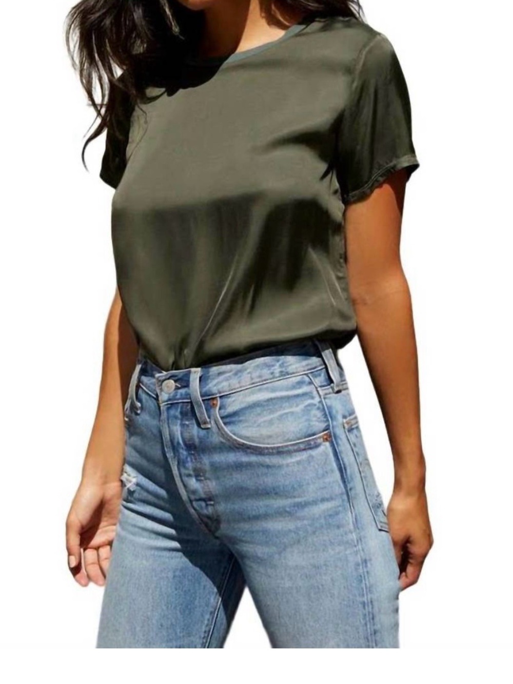 Nation LTD. Satin Marie Women's Short Sleeve Crew Neck Top - Olive Green